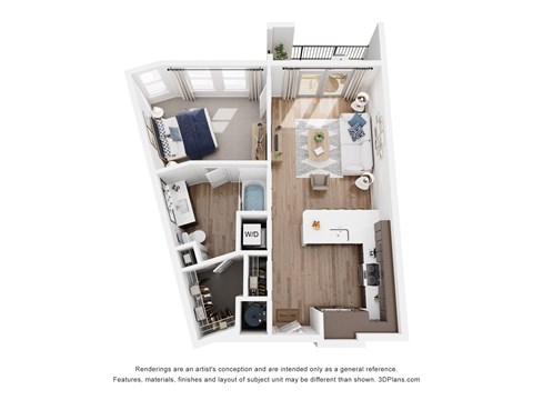 Floor plan for 1 bed, 1 bath, 722 sqft